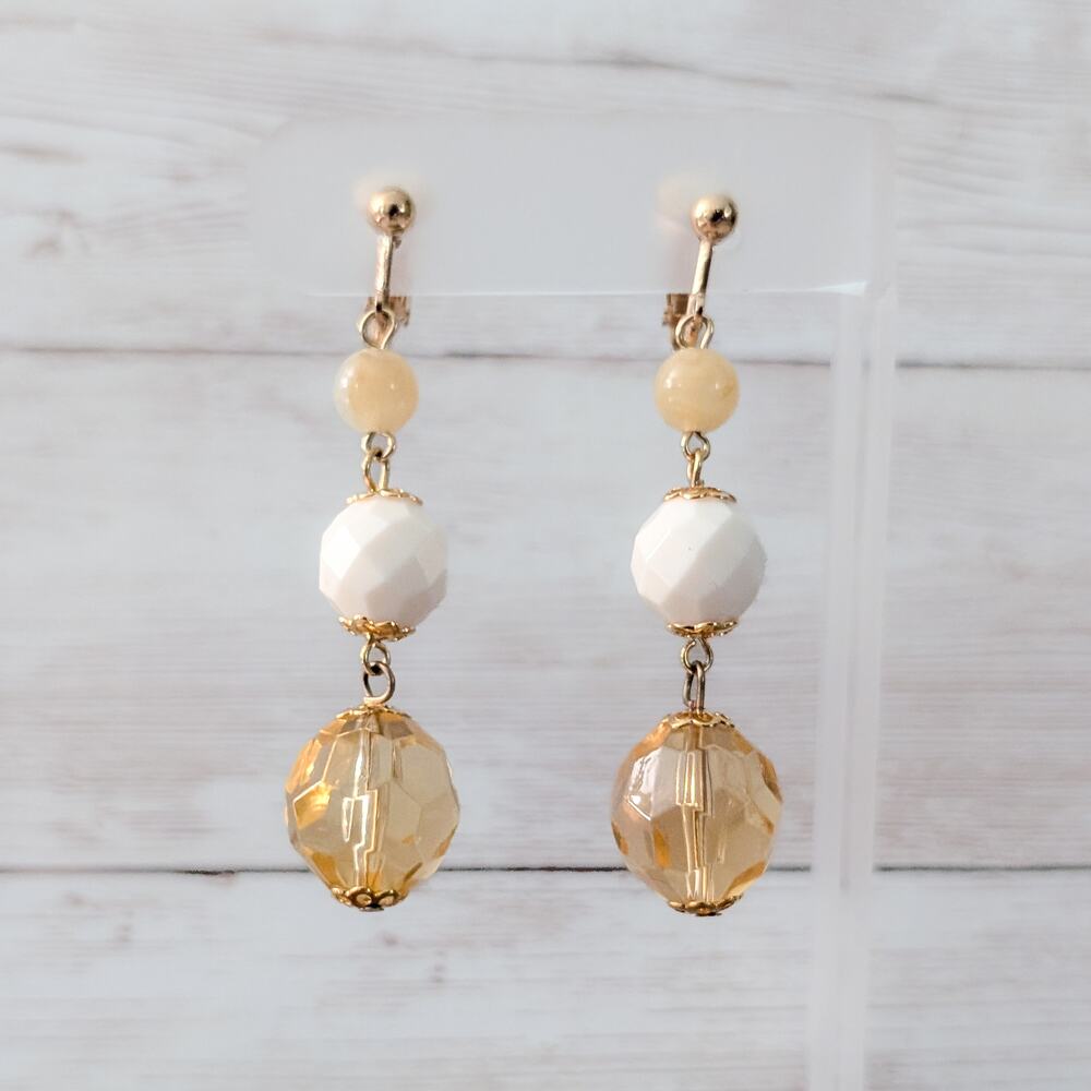 Vintage Clip On Earrings Pale Orange-ish, White, Gold Tone Long Statement Dangle